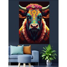 Renkli Boğa Çizimi Dekoratif Kanvas - Mdf Ahşap Tablo