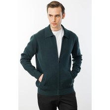 Erkek Polo Yaka Çelik Örgü Yün Ceket Yeşil