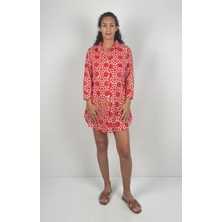 SOCRATES VERA   Gömlek Yaka Uzun Kol Desenli  Düğmeli El Baskısı Midi Gömlek