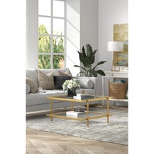 Modern Gold Renk Metal Iskeletli Temper Camlı Kare Orta Sehpa