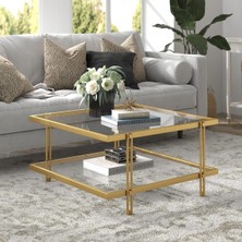 Modern Gold Renk Metal Iskeletli Temper Camlı Kare Orta Sehpa