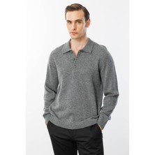 Desen Triko Erkek Polo Yaka Basic Yün Kazak Füme