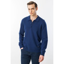 Desen Triko Erkek Polo Yaka Basic Yün Kazak Indigo