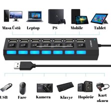 Multizone 7 Port USB Çoklayıcı Hub Anahtarlı Işıklı Aç Kapa Tuşlu Tak Çalıştır USB 3.0