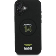 iPhone 16 Plus Kılıf Aston Martin Lisanslı Magsafe Uyumlu Pu Deri Alonso 14 Baskılı Kapak Siyah