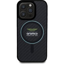 iPhone 16 Pro Max Kılıf Aston Martin Lisanslı Magsafe Renkli Halka ve Karbon Fiber Kapak Siyah-Yeşil