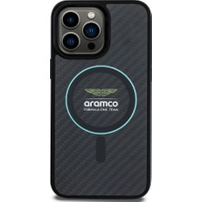 iPhone 14 Pro Max Kılıf Aston Martin Lisanslı Magsafe Renkli Halka ve Karbon Fiber Kapak Siyah-Yeşil