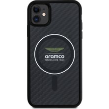 iPhone 11 Kılıf Aston Martin Lisanslı Magsafe Uyumlu Renkli Halka ve Karbon Fiber Kapak Siyah-Gümüş