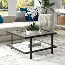 Modern Siyah Renk Metal Iskeletli Temper Camlı Kare Orta Sehpa
