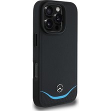 Mercedes-Benz Apple iPhone 16 Pro Kılıf Mercedes-Benz Lisanslı Magsafeli 3D Logolu Mavi Yatay Çizgili Deri Kapak Siyah