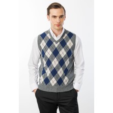 Desen Triko Erkek V Yaka Önü Baklava Desenli Yün Süveter Füme