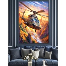 Askeri Helikopter Çizimi Dekoratif Kanvas - Mdf Ahşap Tablo