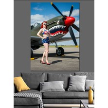 Pin-Up Kız ve Uçak Dekoratif Kanvas - Mdf Ahşap Tablo