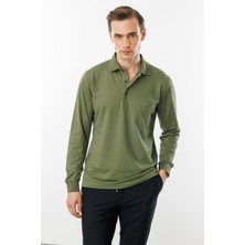 Desen Triko Erkek Polo Yaka Cepli Uzun Kollu Sweatshirt Haki