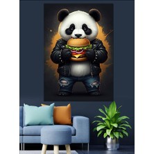 Hamburger Yiyen Panda Dekoratif Kanvas - Mdf Ahşap Tablo