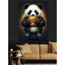 Hamburger Yiyen Panda Dekoratif Kanvas - Mdf Ahşap Tablo