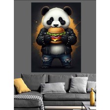 Hamburger Yiyen Panda Dekoratif Kanvas - Mdf Ahşap Tablo