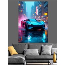 Gece Yarışı Spor Arabası Dekoratif Kanvas - Mdf Ahşap Tablo