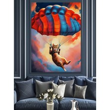Paraşütle Atlayan Kedi Dekoratif Kanvas - Mdf Ahşap Tablo