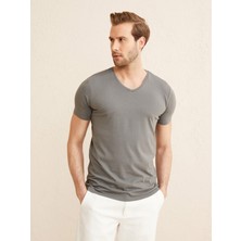 Erkek Gri Slim Fit Pamuklu Basic Tişört