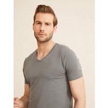 Erkek Gri Slim Fit Pamuklu Basic Tişört