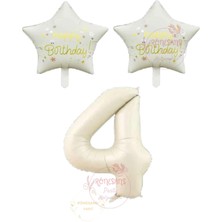 Rönesans Bej Rakam ve Happy Bırthday Yazılı Yıldız Folyo Balon Seti Yaş 4