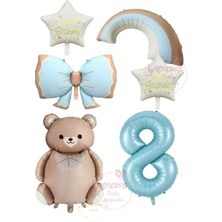 Rönesans Mavi Renk Fiyonk Rakam Gökkuşağı Yıldız ve Karamel Renk Ayıcıklı Folyo Balon Seti Yaş 8