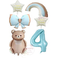 Rönesans Mavi Renk Fiyonk Rakam Gökkuşağı Yıldız ve Karamel Renk Ayıcıklı Folyo Balon Seti Yaş 4