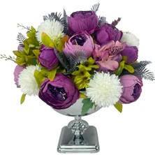 Yapay Çiçek Aranjmanı Büyük Boy Mor Beyaz Tonlar Gümüş Metal Vazolu Arajman Nişan Kız Isteme Çiçeği