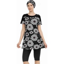 Kadın Siyah Beyaz Çiçek Desenli Kısa Kol Yarı Kapalı Taytlı Mayo HZL25S-AR211/516