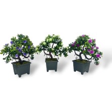 3lü Set Yapay Çiçek Bonsai Ağacı Çiçekli Model Dekoratif Yapay Ağaç Bonzai 30*15  cm  Siyah Kare Saksıda