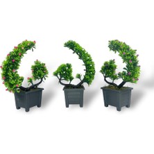 3lü Set Yapay Çiçek Bonsai Ağacı Eğik Model Dekoratif Yapay Ağaç Bonzai 30*15  cm  Siyah Saksıda