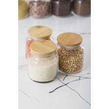 Depa 9 Lu Set Bambu Kapaklı Cam Kavanoz & Erzak Saklama Kabı 3 x (1.3 Lt 0.80 Lt 0.50  Lt ( Vakum Kapak )