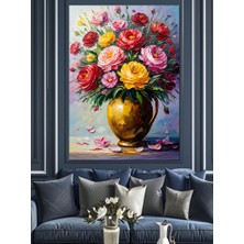 Altın Vazoda Çiçekler Dekoratif Kanvas - Mdf Ahşap Tablo