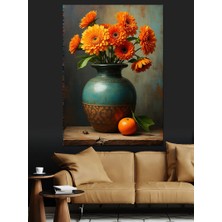 Turuncu Çiçek Vazosu Dekoratif Kanvas - Mdf Ahşap Tablo
