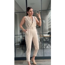 Kadın Dokuma Kumaş Kruvaze Yaka Kemerli Sıfır Kol Tulum