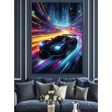 Gece Yarışı Arabası Dekoratif Kanvas - Mdf Ahşap Tablo