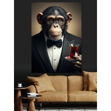 Takım Elbiseli Şempanze ve Çay Dekoratif Kanvas - Mdf Ahşap Tablo