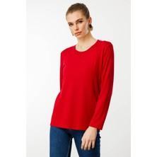 Desen Triko Kadın Sıfır Yaka Basic Penye Bluz Kırmızı