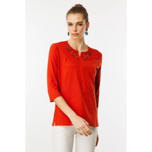 Desen Triko Kadın Açma Yaka Nakış Işlemeli Penye Bluz Oranj