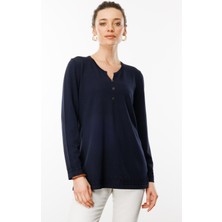 Kadın Açma Yaka Düğmeli Triko Bluz Lacivert