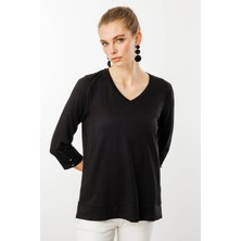 Kadın V Yaka Penye Bluz Siyah