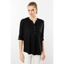 Desen Triko Kadın Açma Yaka Önü Düğmeli Penye Bluz Siyah