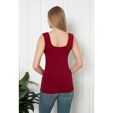 Bordo Renkli Penye Kumaş Geniş Askılı Basic T-Shirt / Bluz
