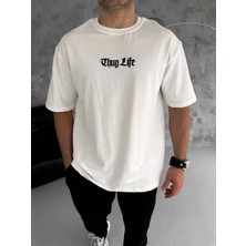 Lushio Wear  Bisiklet Yaka Baskılı Oversize T-Shirt - Beyaz
