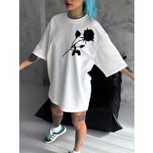 Lushio Wear  Bisiklet Yaka Baskılı Oversize T-Shirt - Beyaz