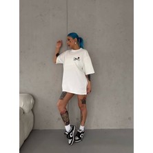 Lushio Wear  Bisiklet Yaka Baskılı Oversize T-Shirt - Beyaz