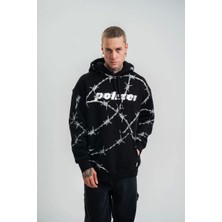 Unisex Kapşonlu Varak ve Pano Baskılı Sweatshirt- Siyah