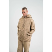 Unisex Double Oversize Kapşonlu Yıkamalı Sweatshirt - Bej
