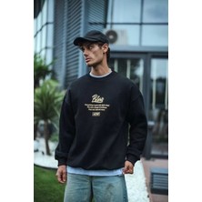 Kışlık Bisiklet Yaka Ön ve Arka Baskılı Sweatshirt - Siyah